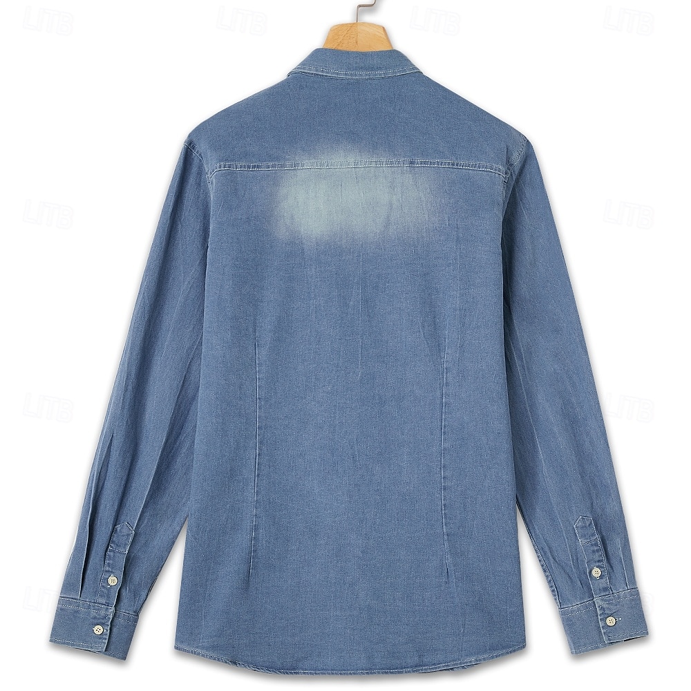 Men's Shirt Chambray Shirt Calico Shirt Button Up Shirt Casual Shirt Denim Shirt Denim Blue Black Dark Navy Blue Long Sleeve Plain Collar Daily Vacation Clothing Apparel Cotton Fashion Casual 2026 - $37.99 –P8