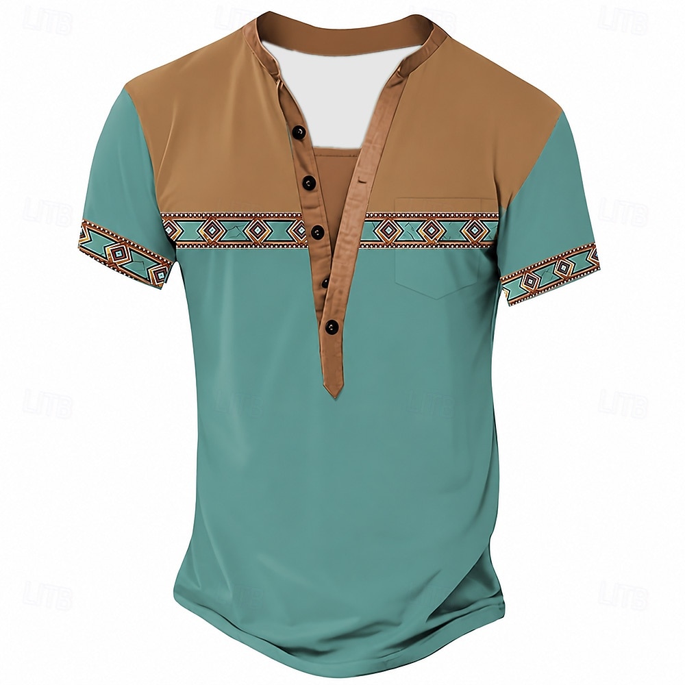 Herren-T-Shirt im Ethno-Stil, Henley-Shirt aus Polyester, Kurzarm, Designer-Basic, Ethno-Look, Outdoor-Casual, Alltag, Sommer, See, Blau, Schwarz, Hellgrün, Dunkelblau, Hellblau, Henley-T-Shirt 2026 - $21.99 –P6
