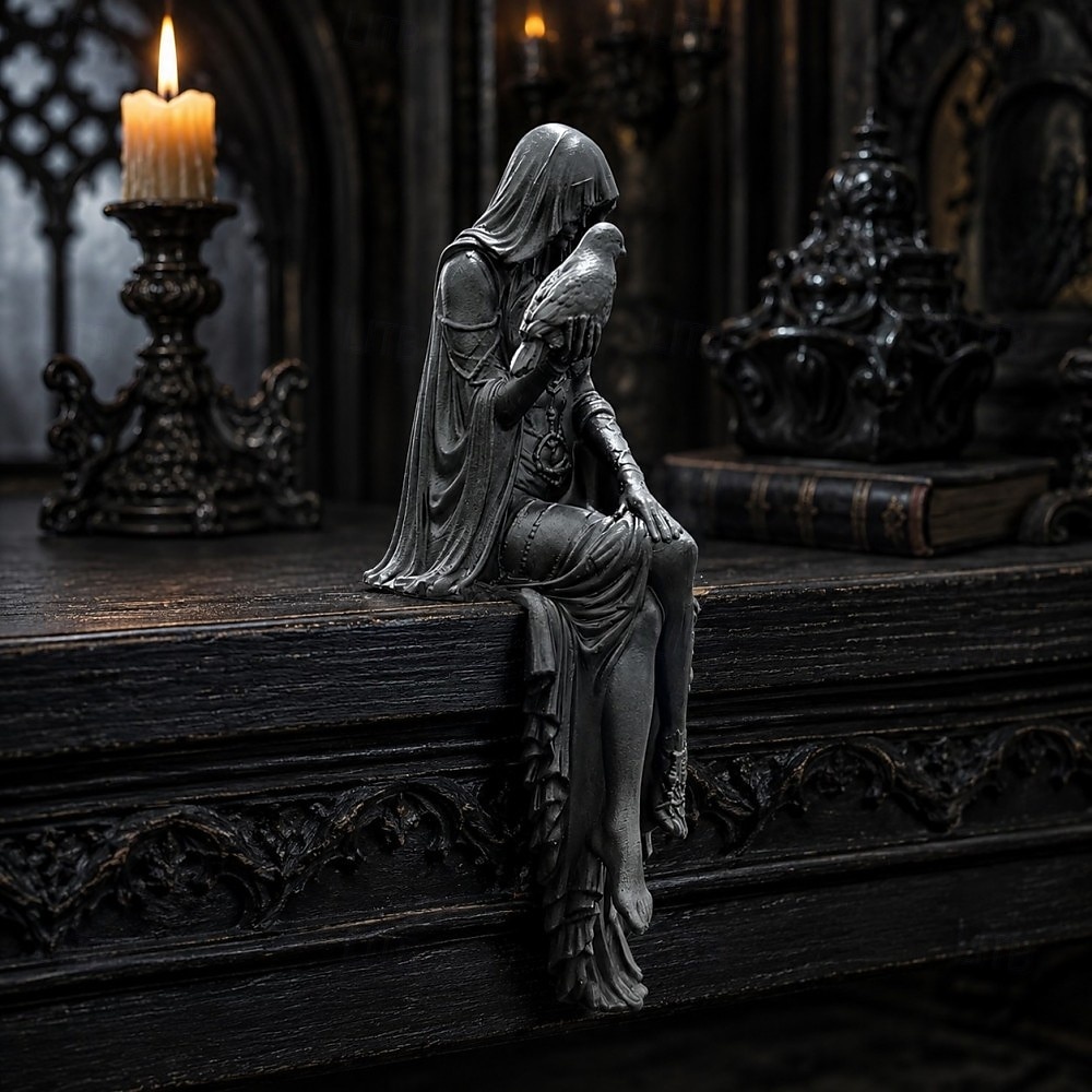 Halloween Gothic Raven Shelf Sitter Statue Symbol of Mystery, Wisdom & Dark Elegance Hooded Dark Lady Statue Witch Holding Raven, Decorations Sitting Woman Figurine 2026 - $24.99 –P4