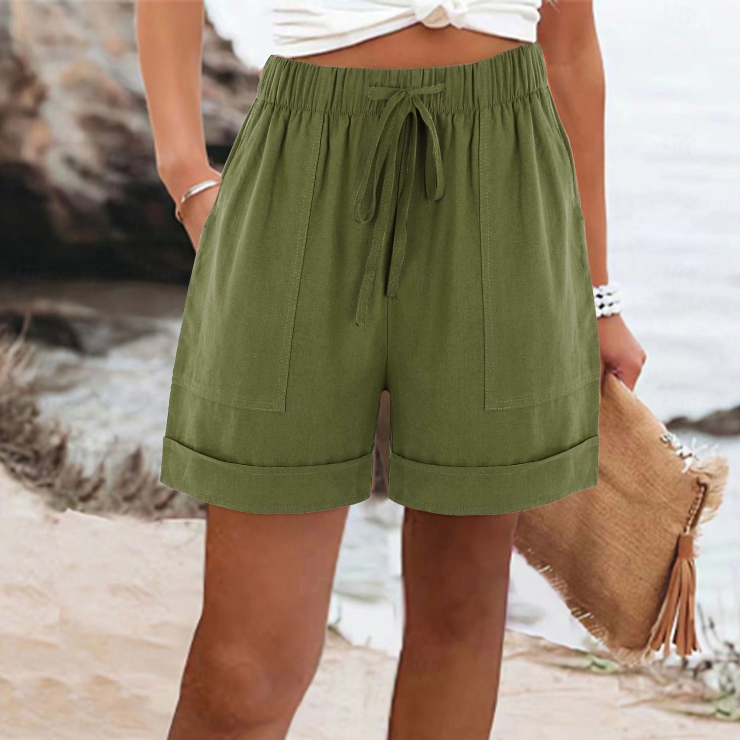 Mujer Pantalones cortos de lino y algodón Pantalones de lino y algodón Chinos Pantalón corto Básico Corto Alta cintura Plano Bolsillo Cintura elástica Confortable Suave Cómodo Microelástico Exterior 2026 - $32.99 –P9