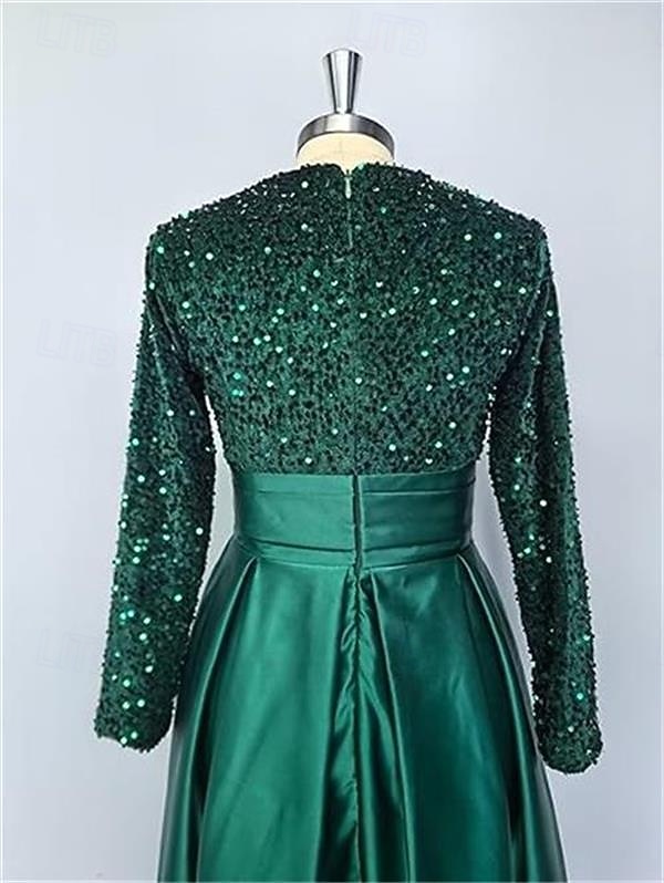 A-Line Court Train Floor Length Evening Gown Ball Gown Formal Dress Elegant Sparkle & Shine Long Sleeve High Neck Evening Party Christmas Fall Wedding Guest Satin Sequined with Sequin 2026 - $137.99 –P3