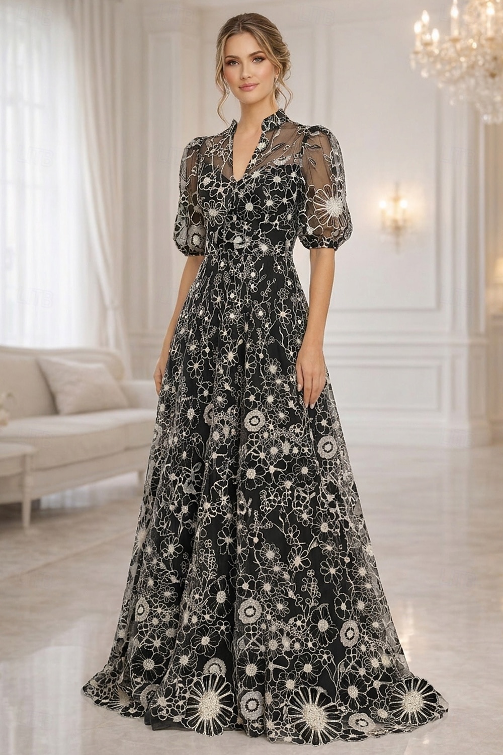 Corte A Hasta el Suelo Vestido de Madrina Manga Corta Escote en Pico Elegante Vintage Lujoso Formal Invitado a la boda Fiesta de Boda Encaje Tul con Flores 3D Bordados Flor 2026 - $194.99 –P10