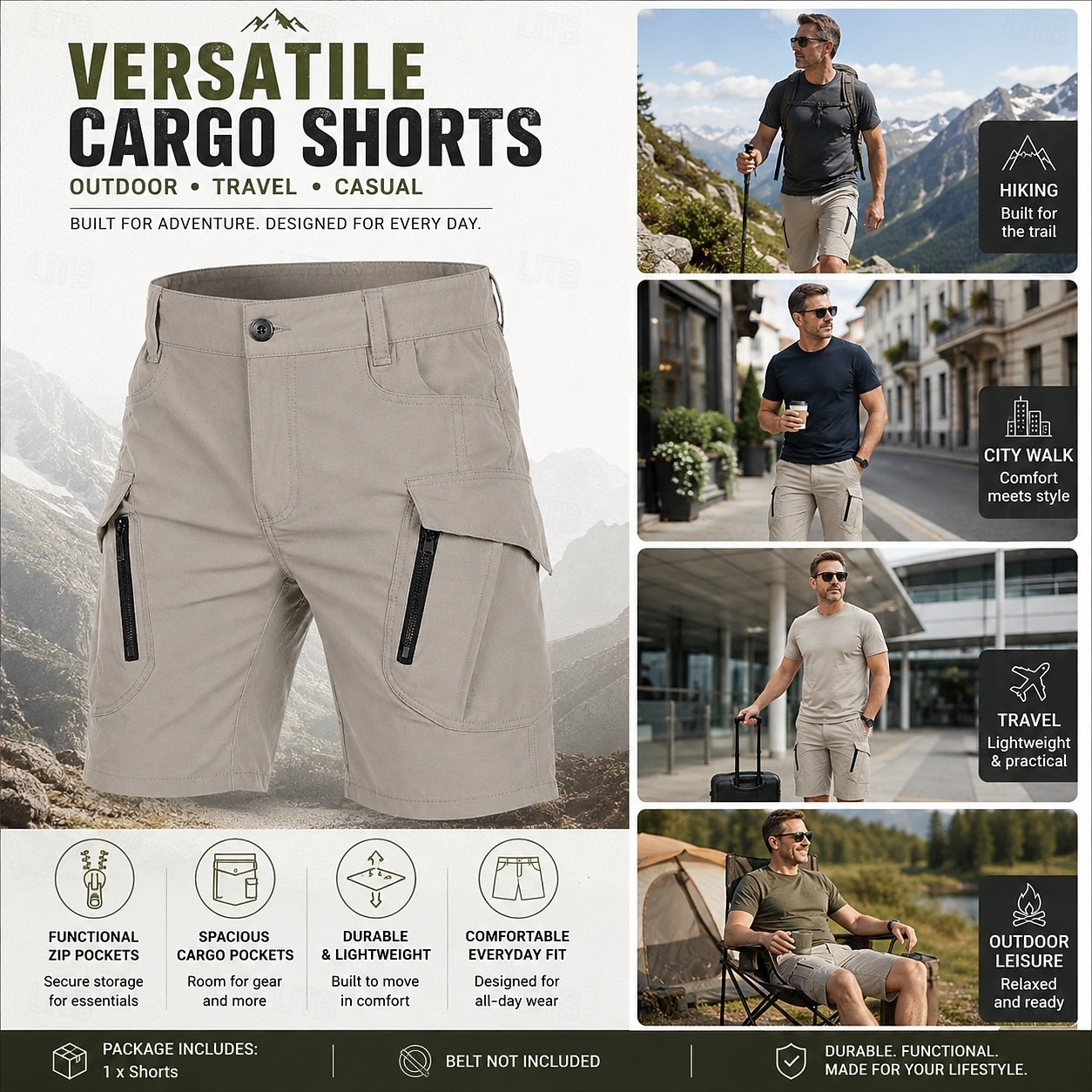 Men's Lightweight Cargo Shorts Comfort Waist Tactical Cargo Shorts Quick Dry Multi Pocket Plain Knee Length Casual Outdoor Streetwear Fashion Streetwear Khaki Black Inelastic 2026 - CHF27.53 –P7