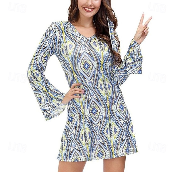 Rétro Vintage Hippie Années 1970 Robe Manches Evasées Hippie Géométrique Déguisement Femmes Mascarade Soirée & Fête Défilé de la Fierté Mois des Fiertés Adulte Robe de 2026 ? $30.99 –P5