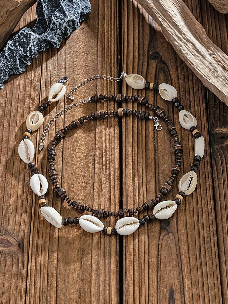 Collier bohème de plage pour homme, à plusieurs rangs, perles de bois &Collier double rang de coquillages, idéal pour les vacances d'été, les séjours en station balnéaire, les festivals, les voyages de 2026 ? $11.99 –P3