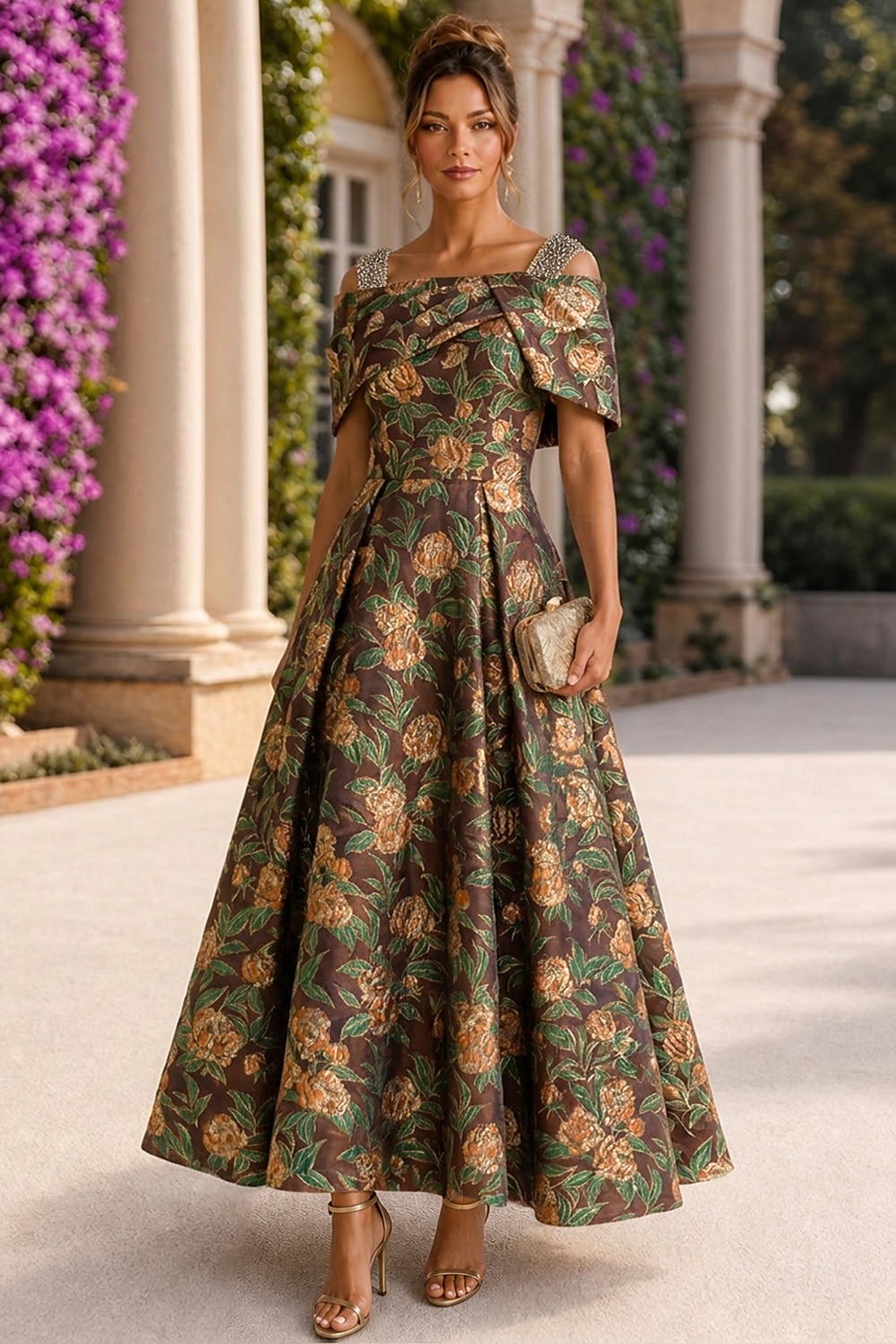 Krój A Sięgająca podłoża Do kostki Sukienka koktajlowa Elegancja Zabytkowe Kwiaty Krótki rękaw Łódeczka Ślub Formalny Żakard Lejący dekolt na plecach z Plisy Koraliki Haft 2026 - $171.99 –P4