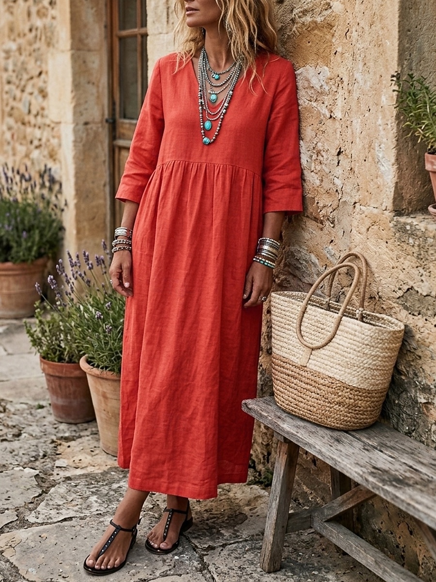 Damen Maxikleid Leinenkleider A Linie Kleid Lässig Urlaub Lässiger Schnitt Einfarbig Dreiviertelarm V Ausschnitt Khaki Dunkelblau Sommer Herbst 2026 - $37.99 –P5