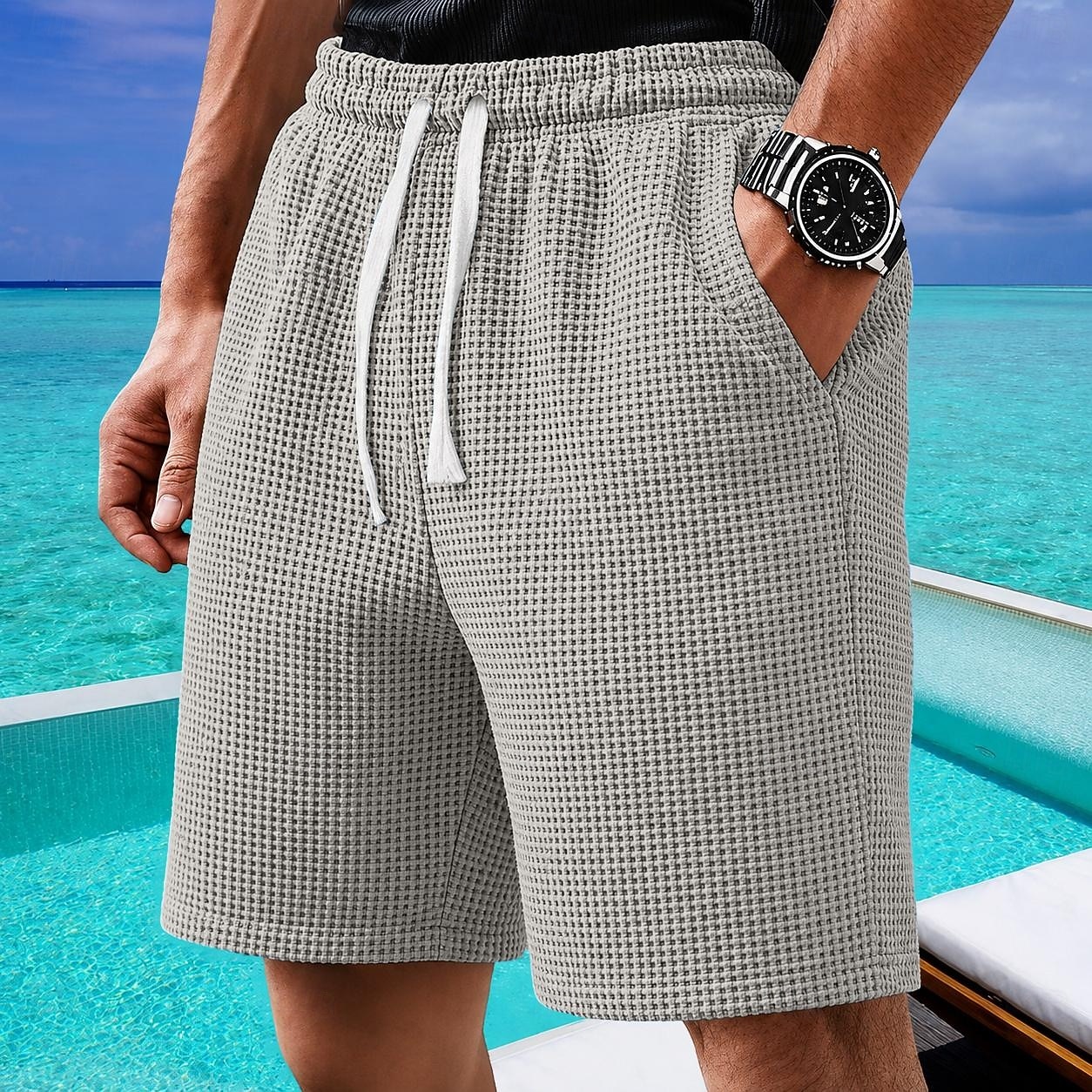 Homens Calções Waffle Calção Shorts de verão Shorts casuais Com Cordão Bolsos Cintura elástica Tecido Conforto Respirável Curto Ao ar livre Férias Desporto Casual Preto Branco Micro-Elástica de 2026 por $23.99 –P3