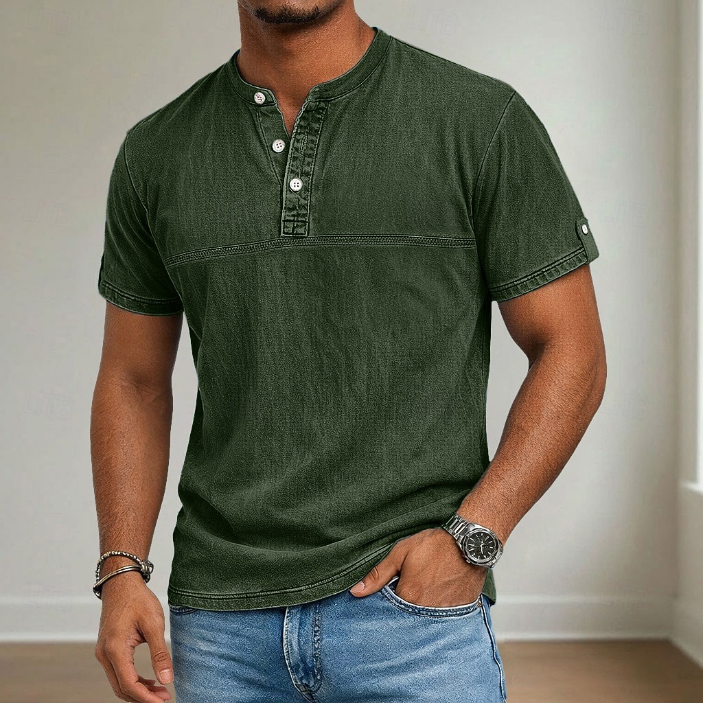 Men's Henley Shirt 100% Cotton Acid Wash Shirt Short Sleeve Henley Summer Spring Fall Plain Retro Vintage Casual Vintage Style Washed Casual Light Blue Dark Brown Black Top Tee for Men 2026 - $31.99 –P6