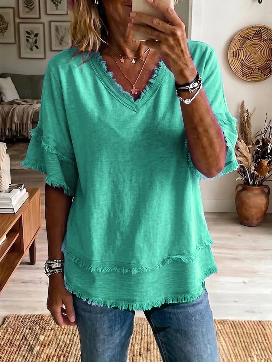 Mulheres Blusa Frufru Côr Sólida Moda Diário à moda Manga Curta Decote V Tops regulares Casual Diário Azul Branco Amarelo Rosa Verão Primavera de 2026 por $26.99 –P3