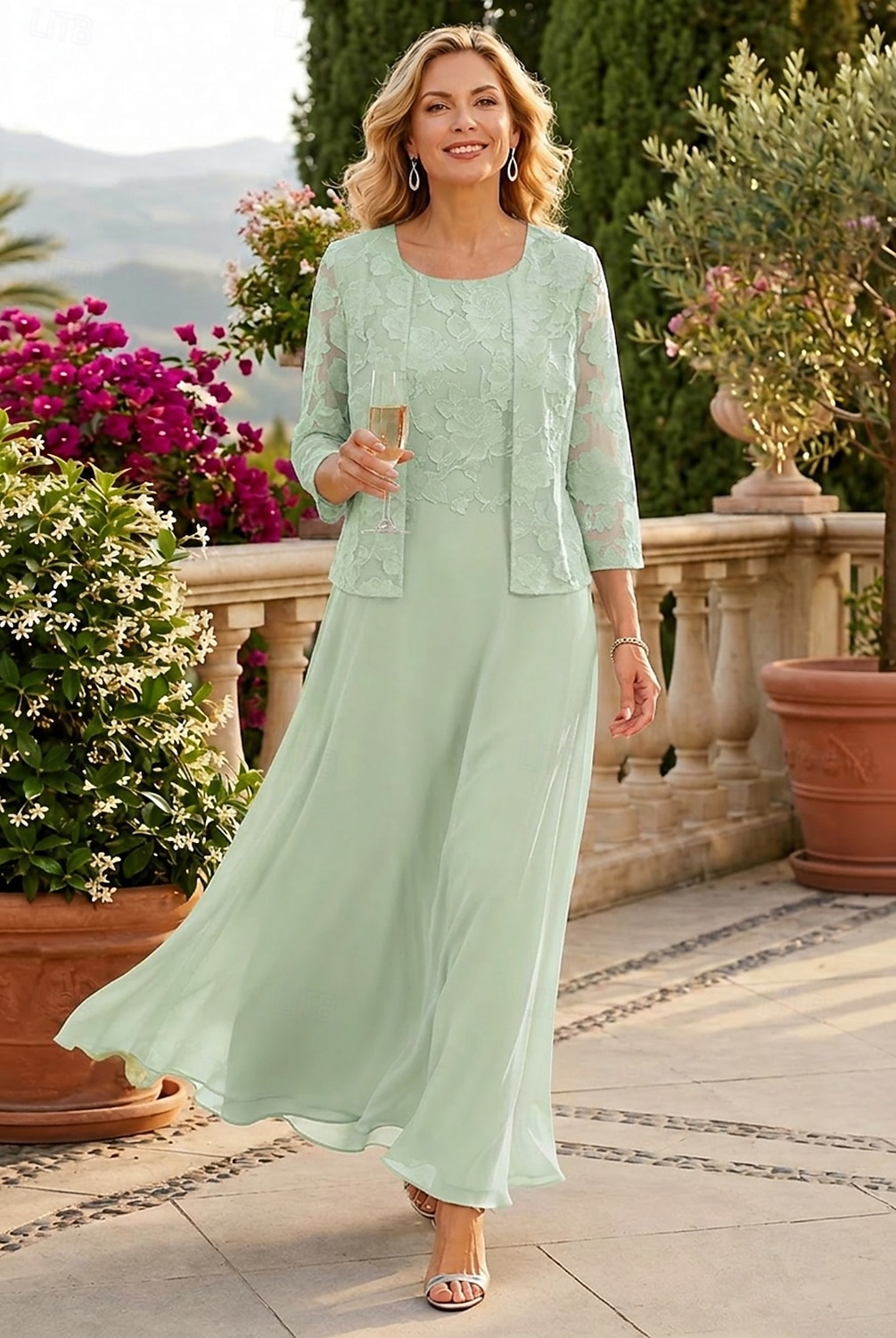 Zweiteilig A-Linie Bodenlang Kleid für Hochzeitsgäste Brautmutterkleid Dreiviertelarm U-Boot-Ausschnitt Elegant Einfach Minimalistisch Formell Hochzeitsgast Chiffon mit Spitze 2026 - $172.99 –P8