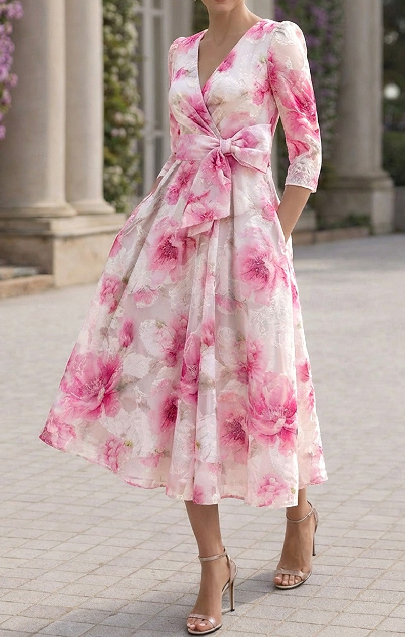 Linha A Até o Tornozelo Longuette Vestido floral Vestidos de cocktail Elegante Floral Semi-formal / Coquetel Manga 3/4 Decote V Festa de Jardim Casamento Organza Jacquard com Estampa floral Pregas de 2026 por $194.99 –P2