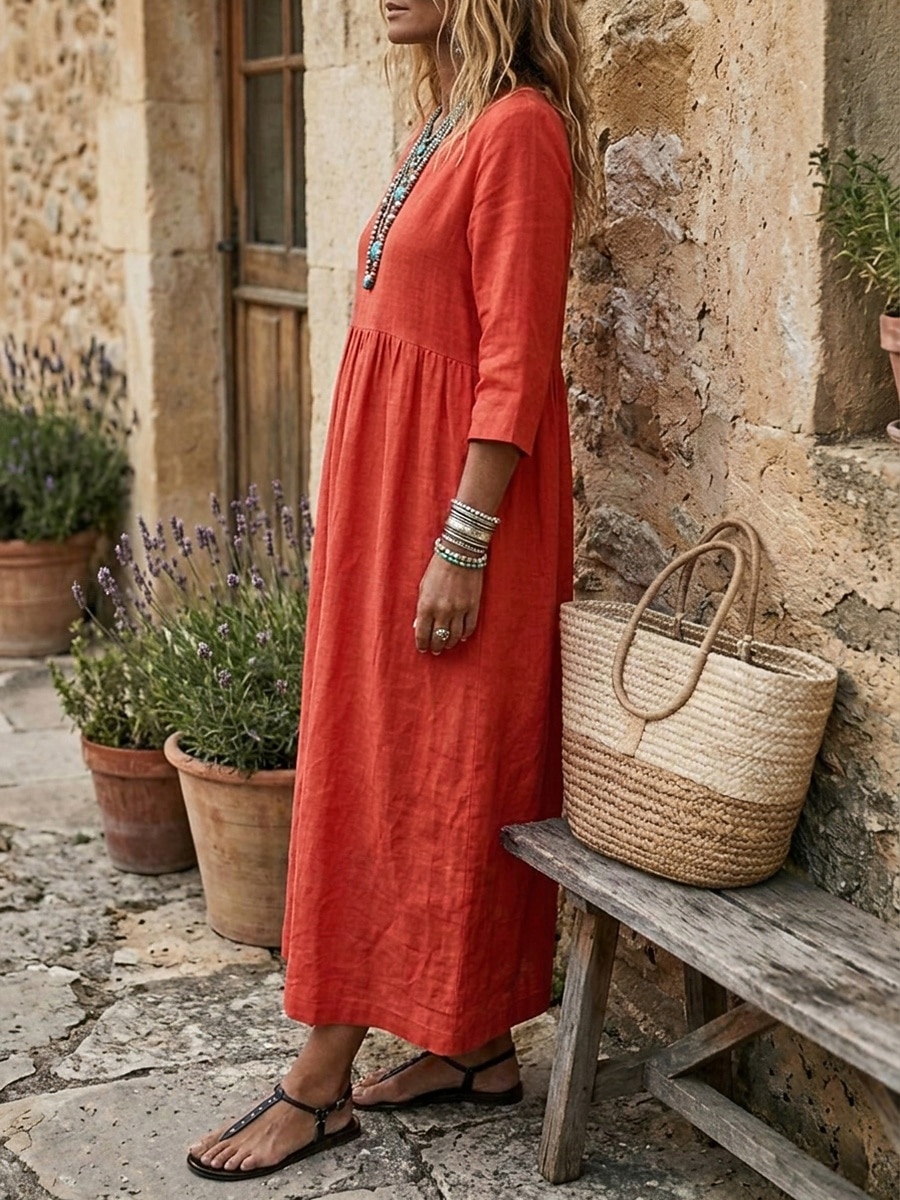 Damen Maxikleid Leinenkleider A Linie Kleid Lässig Urlaub Lässiger Schnitt Einfarbig Dreiviertelarm V Ausschnitt Khaki Dunkelblau Sommer Herbst 2026 - $37.99 –P6