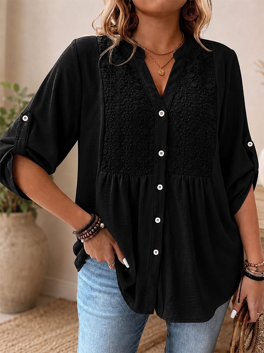 Damen Spitzenbluse Freizeithemd Bestickt Elegant Bohemien Urlaub Dreiviertelarm Ellbogenärmel V Ausschnitt Normale Oberteile Lässig Täglich Streetwear Weiß Khaki Schwarz Pudriges Rosa Sommer Frühling 2026 - $32.99 –P1