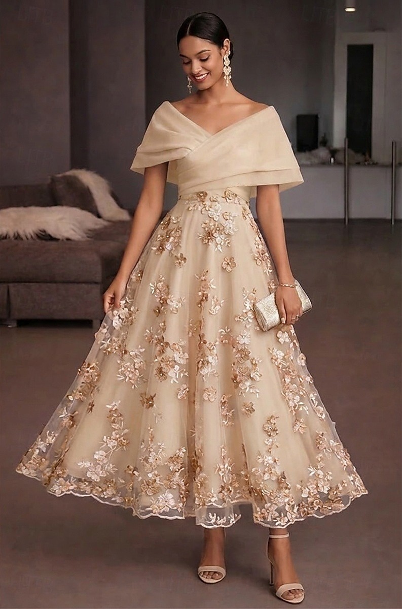 Corte A Hasta el Tobillo Vestidos de coctel Elegante Vintage Floral Manga Corta Hombros Caídos Fiesta de jardin Boda Organdí Tul Espalda desnuda con Estampado flor Flor bordada Plisado 2026 - $182.99 –P7