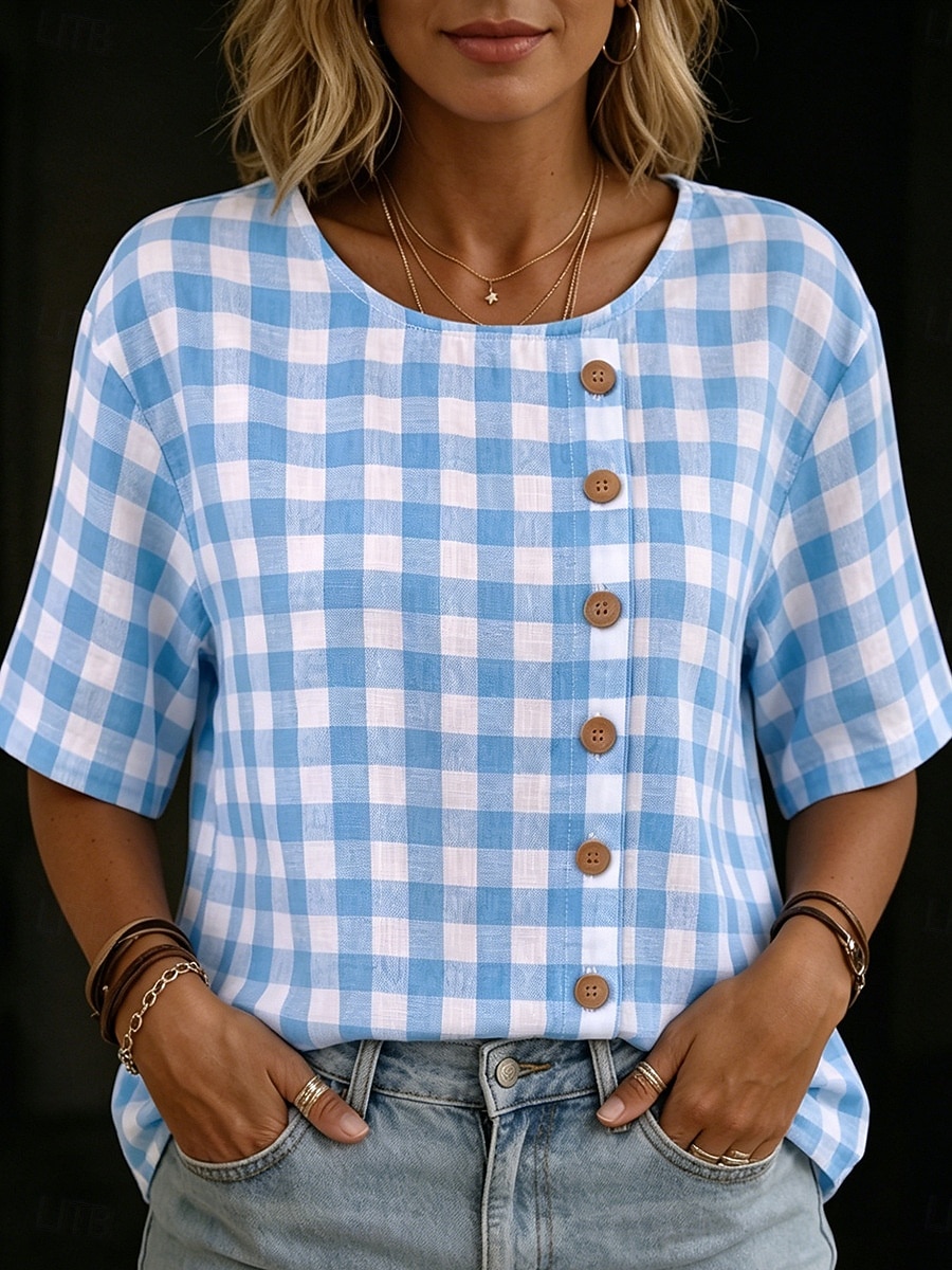 Bluză de vară pentru femei, albastru-alb, cu model gingham, decolteu rotund, asimetrică, cu nasturi din lemn, mânecă scurtă, ușoară, lejeră, respirabilă, casual 2026 - $26.99 –P2