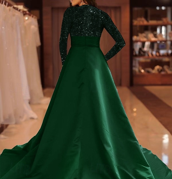A-Line Court Train Floor Length Evening Gown Ball Gown Formal Dress Elegant Sparkle & Shine Long Sleeve High Neck Evening Party Christmas Fall Wedding Guest Satin Sequined with Sequin 2026 - $137.99 –P2