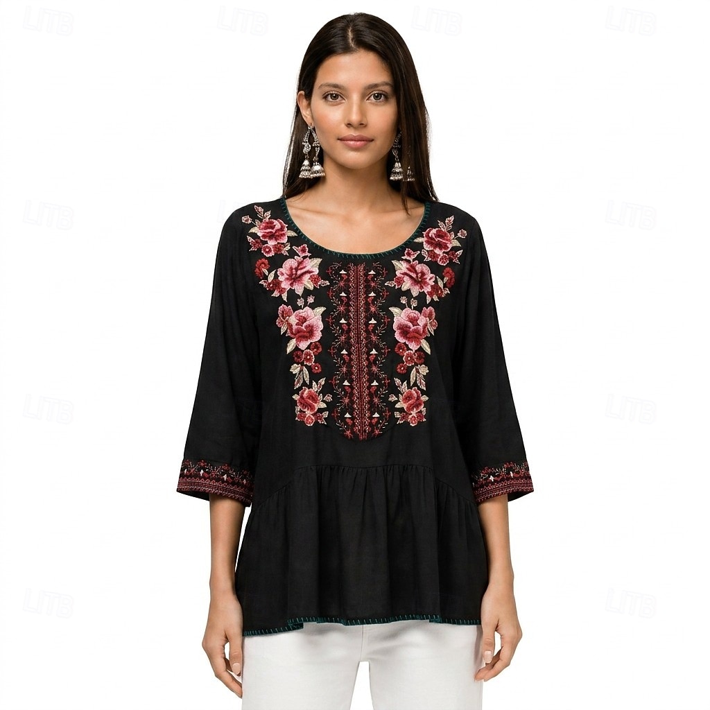 Women's Embroidered Tunic Shirts 100% Cotton Boho Shirt Floral Elegant Bohemia Vacation 3/4 Length Sleeve Crew Neck Long Tops Casual Black Summer Spring Fall Winter 2026 - $65.99 –P3