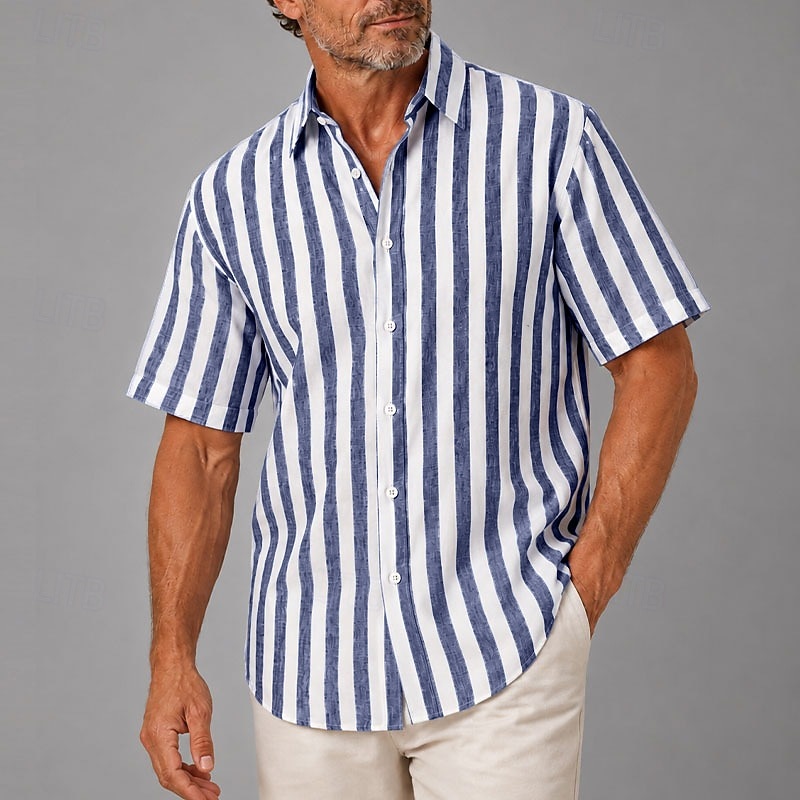 Hommes Chemise Chemise en lin Chemise d'été Chemise de Plage Chemise Boutonnée Chemises à rayures Rayé Vêtements de rue Vacances Bleu Rose Claire Bleu de minuit Manche Courte Col Rabattu Ét de 2026 ? $33.99 –P5