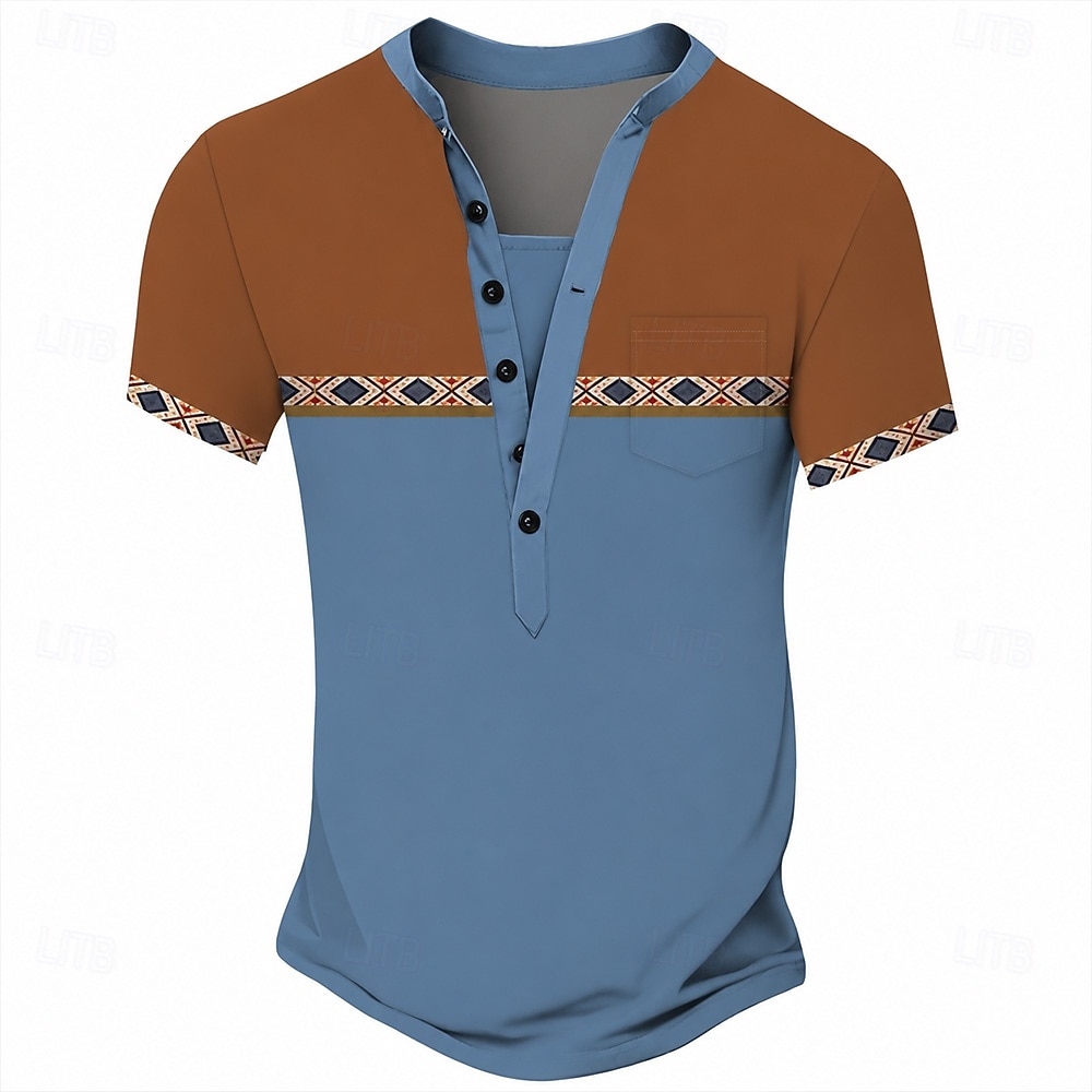 Herren-T-Shirt im Ethno-Stil, Henley-Shirt aus Polyester, Kurzarm, Designer-Basic, Ethno-Look, Outdoor-Casual, Alltag, Sommer, See, Blau, Schwarz, Hellgrün, Dunkelblau, Hellblau, Henley-T-Shirt 2026 - $21.99 –P5