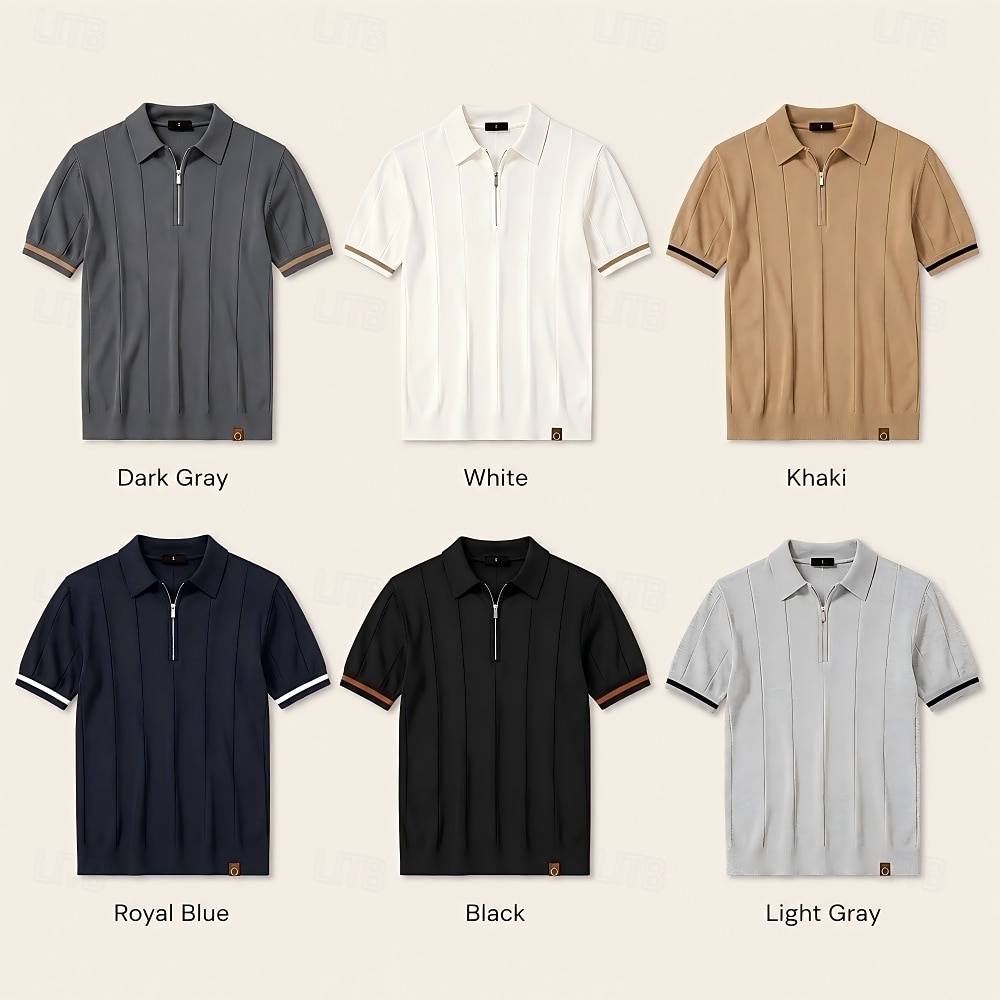 Herre Polo Strikk polo Formell Arbeid Aftæpning Quarter Zip Kortermet Helfarge Ta igjen glidelåsen Vår Mørkegrå Svart Hvit Navyblå Kakifarget Grå Polo 2026 - $29.99 –P3
