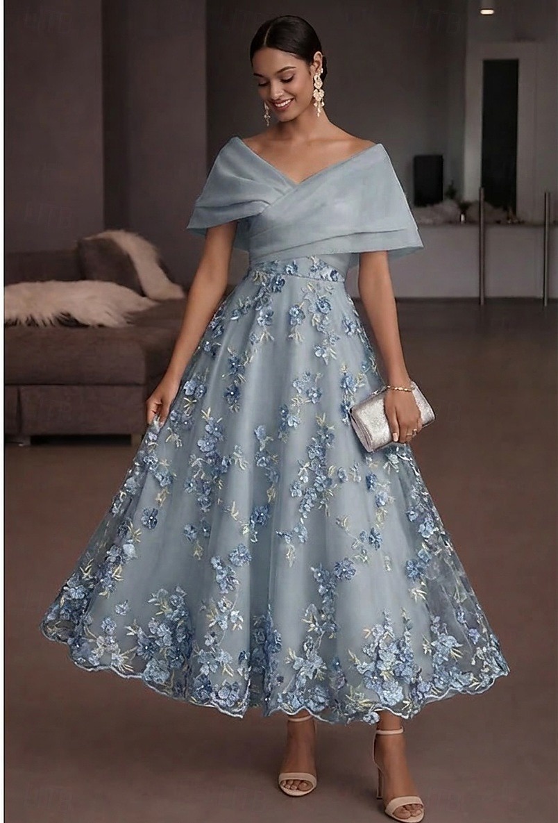 Corte A Hasta el Tobillo Vestidos de coctel Elegante Vintage Floral Manga Corta Hombros Caídos Fiesta de jardin Boda Organdí Tul Espalda desnuda con Estampado flor Flor bordada Plisado 2026 - $182.99 –P4