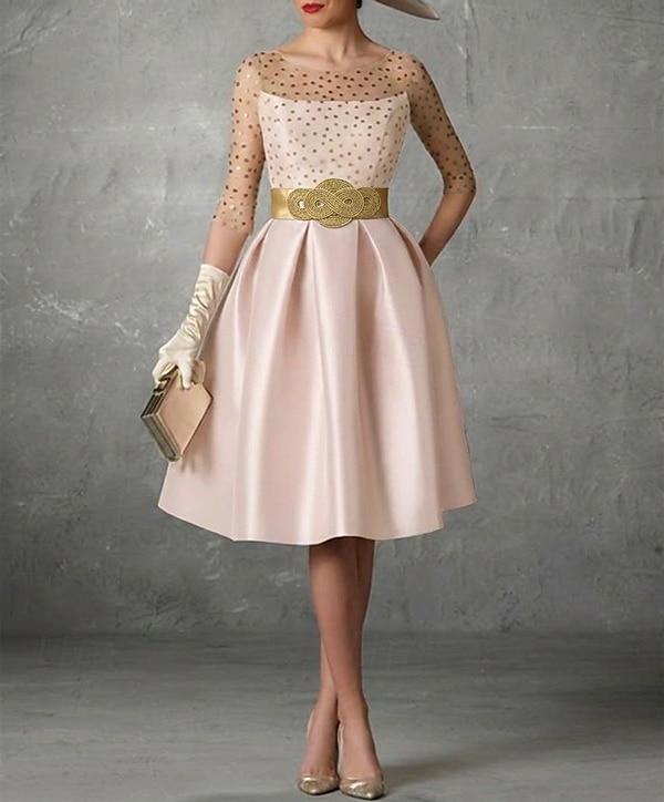 Linia -A Lungime Genunchi Rochii de bal Elegant 1950 Manșon Jumate Bijuterie Invitat la nunta Kentucky Derby Buzunar Satin cu Buton Buzunar 2026 - $160.99 –P4