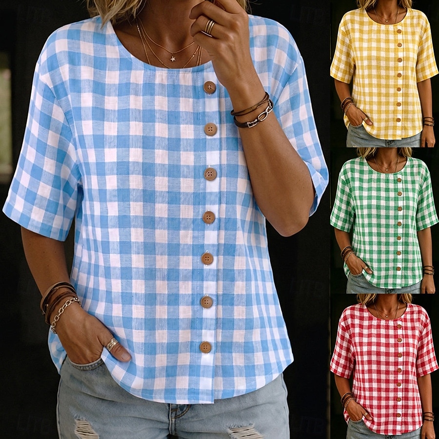 Bluză de vară pentru femei, albastru-alb, cu model gingham, decolteu rotund, asimetrică, cu nasturi din lemn, mânecă scurtă, ușoară, lejeră, respirabilă, casual 2026 - $26.99 –P1