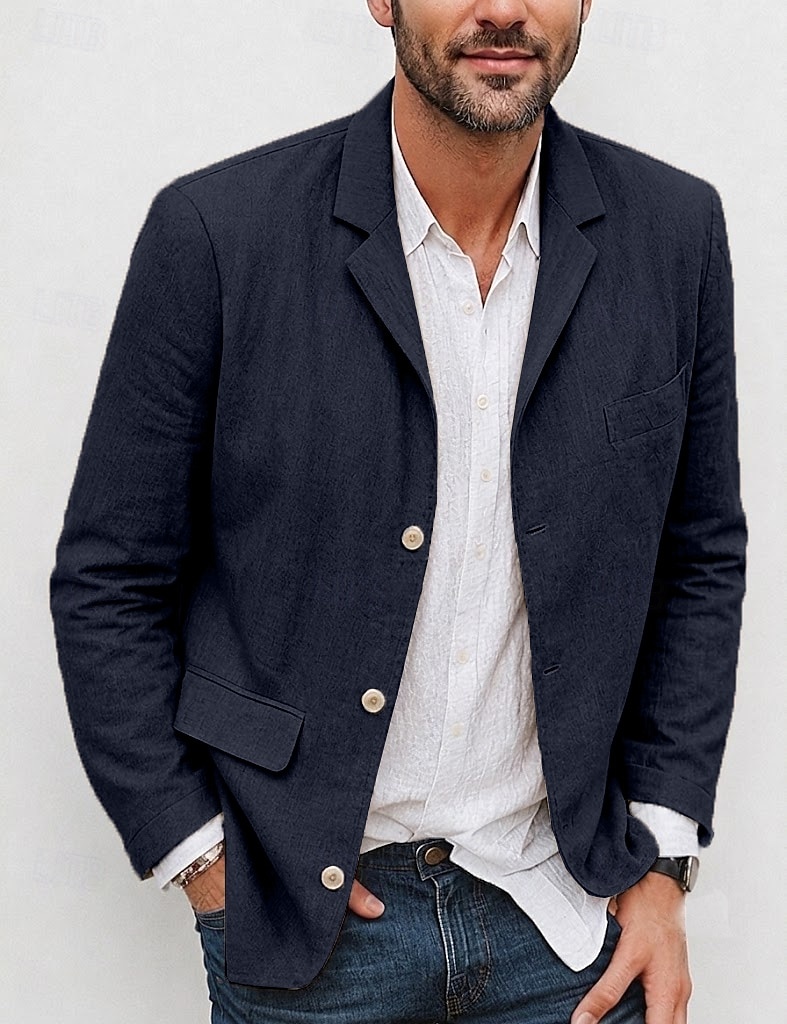 Hombre Chaqueta ligera Chaqueta americana Chaqueta de lino Formal Oficina Otoño Algodón y lino Color sólido Confortable Botonadura Simple Chaqueta de sport Verde Claro Azul Marino Marrón Color Caquí 2026 - $63.99 –P8