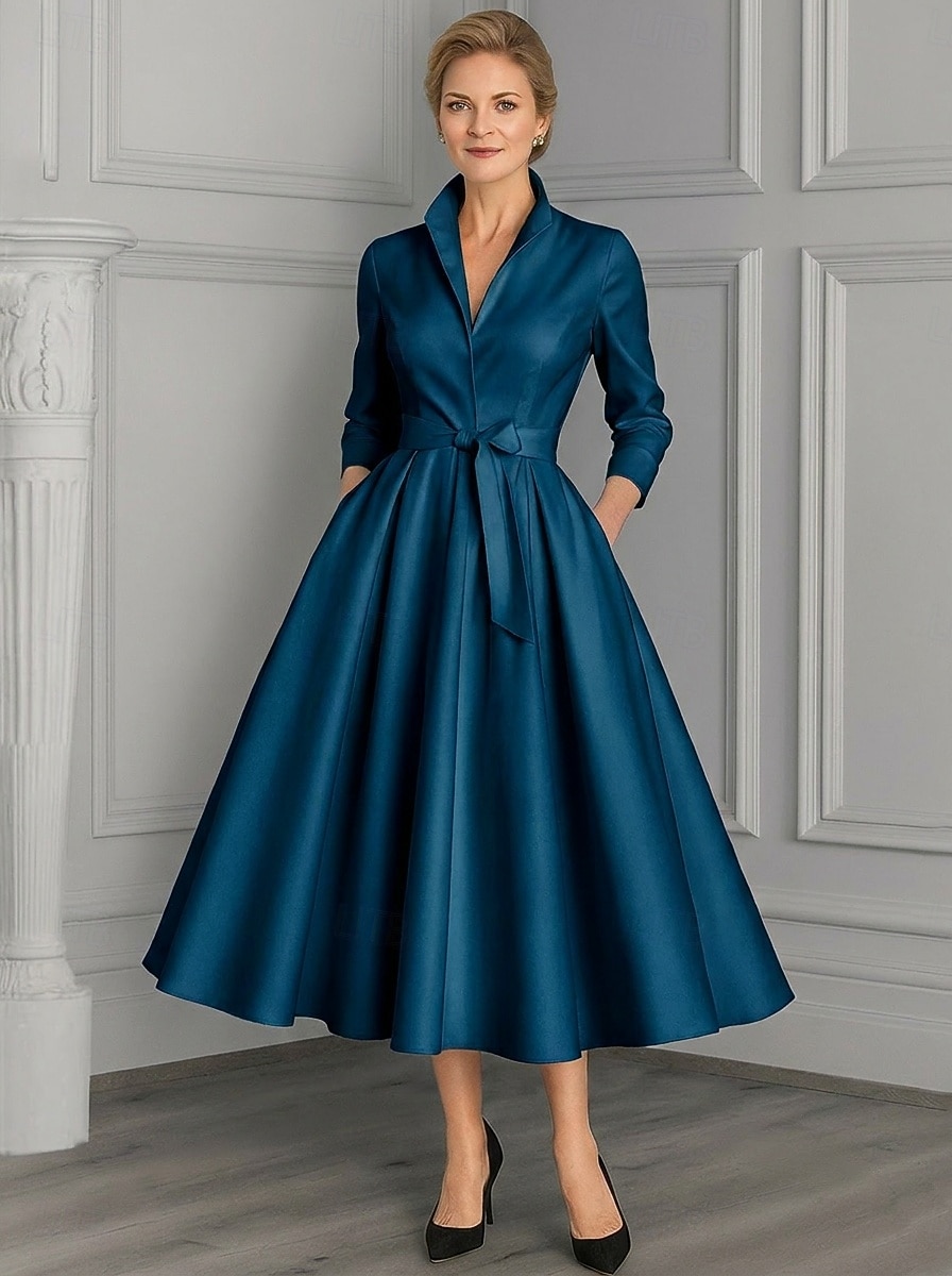 Linha A Até o Tornozelo Vestido de festa Vestido Coquetel Vestido de convidada de casamento Vestido Para Mãe dos Noivos Manga Longa Decote V Elegante Vintage Festa Noite Formal Festa de Casamento de 2026 por $91.99 –P6