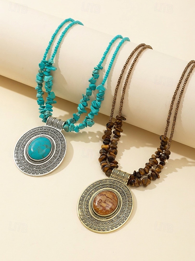 Dámský kulatý náhrdelník s přívěskem v boho stylu, slitina &Tyrkysový korálkový náhrdelník, modrohnědé šperky ve vintage stylu na dovolenou na pláži, festival, párty, cestování &denní nošení 2026 - $11.99 –P5