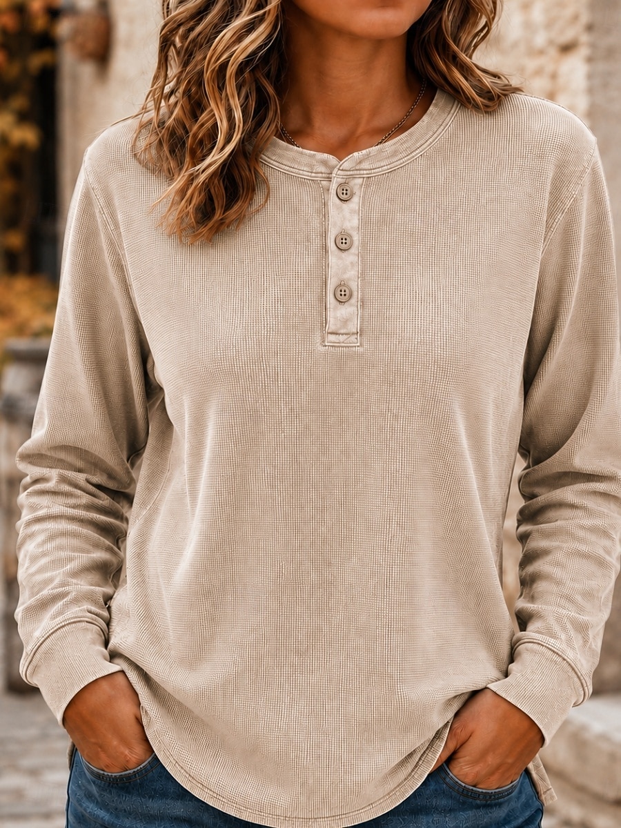 Per donna Camicia a nido d'ape Cotone lavato Pullover Tinta unica Casual Manica Lunga Henry Collar Top Regolari Casuale Nero Verde scuro Mattone rosso Blu scuro Beige Autunno Inverno del 2026 a $37.99 –P3