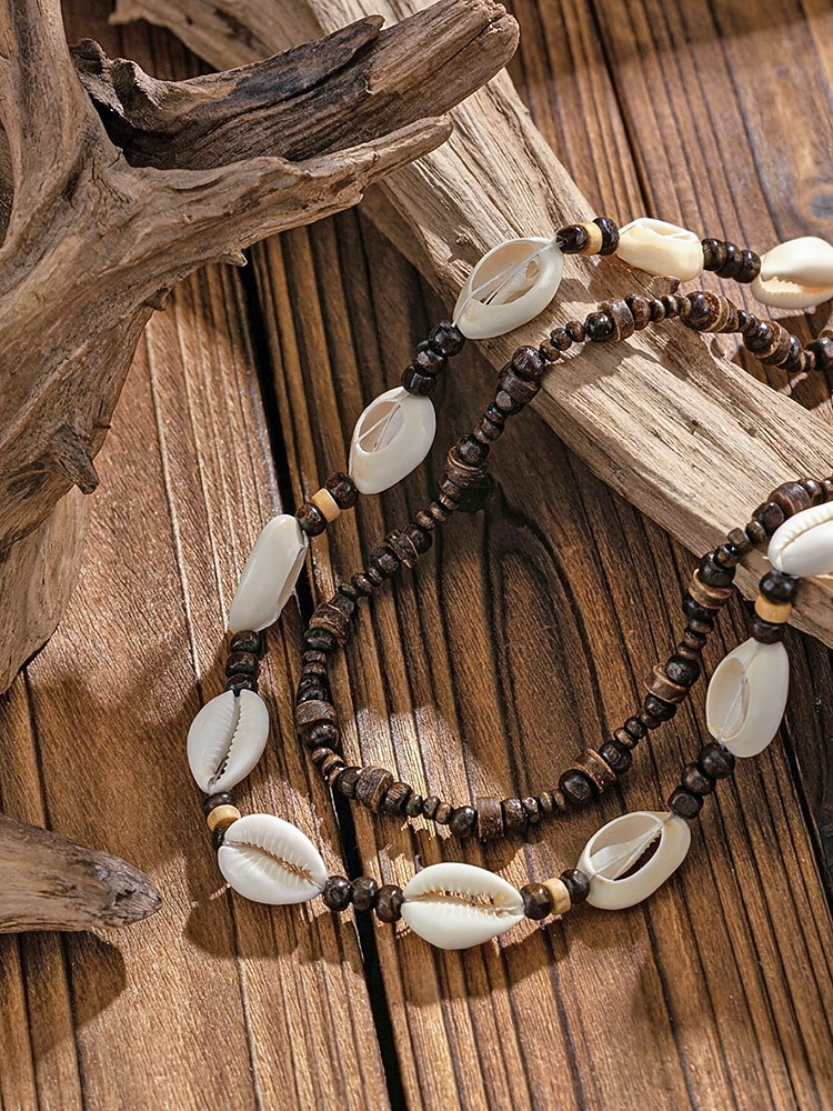 Collier bohème de plage pour homme, à plusieurs rangs, perles de bois &Collier double rang de coquillages, idéal pour les vacances d'été, les séjours en station balnéaire, les festivals, les voyages de 2026 ? $11.99 –P4