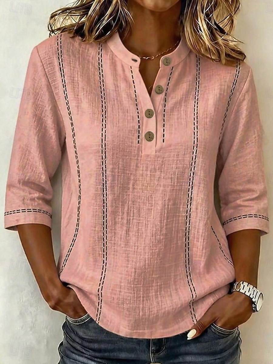 Women's Shirt Cotton Linen Shirts Vacation Vintage Daily Stand Collar Long Tops Casual Daily Work Blue Pink Beige Summer Spring 2026 - $28.99 –P7