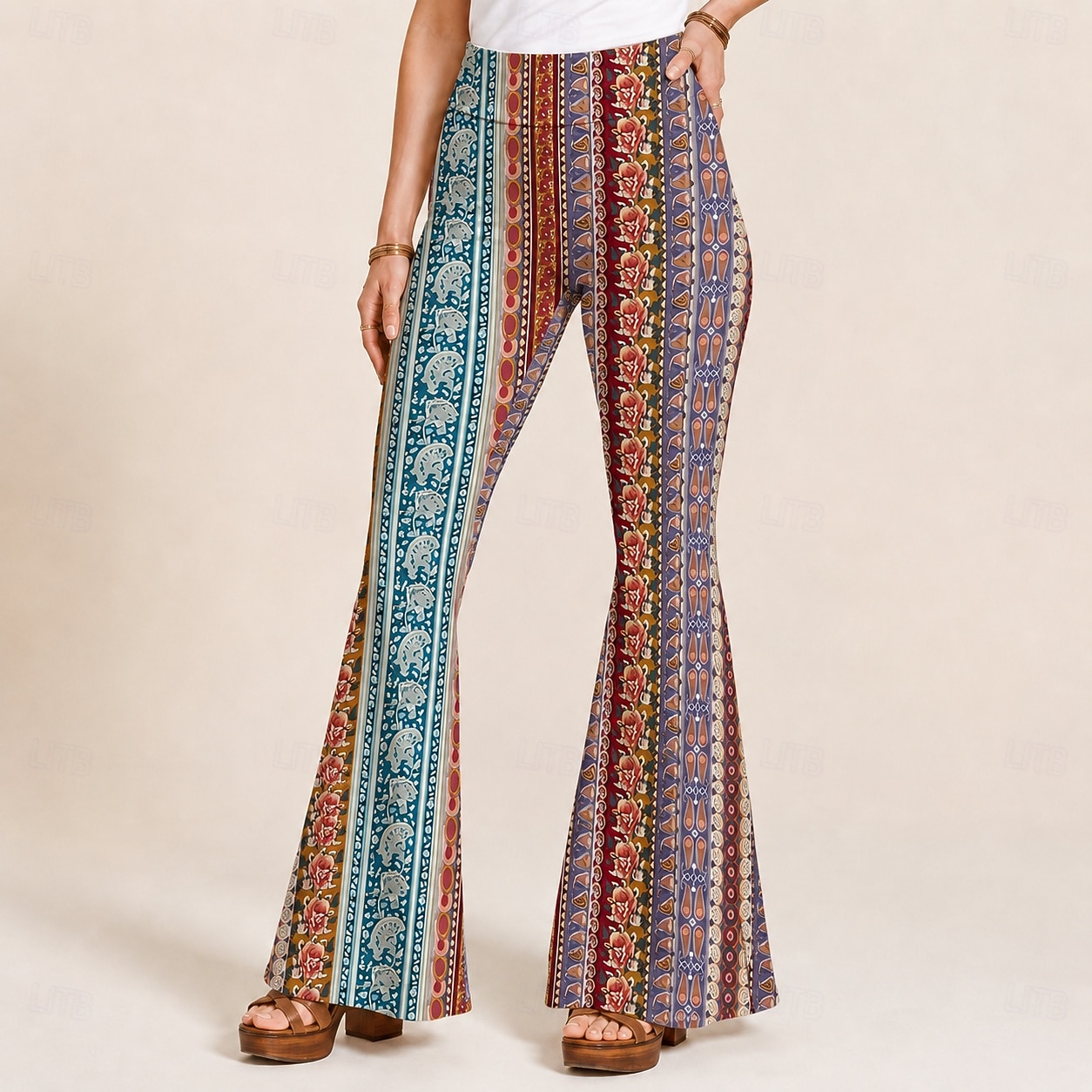 Retro Antiguo Hippie Años 70 Longitud Larga Tipo Canguelo Los pantalones de campana Hippie Disco Estampado Ajustado / Acampanado Disfraz Mujer Víspera de Todos los Santos Carnaval Festival de Música 2026 - $30.99 –P1
