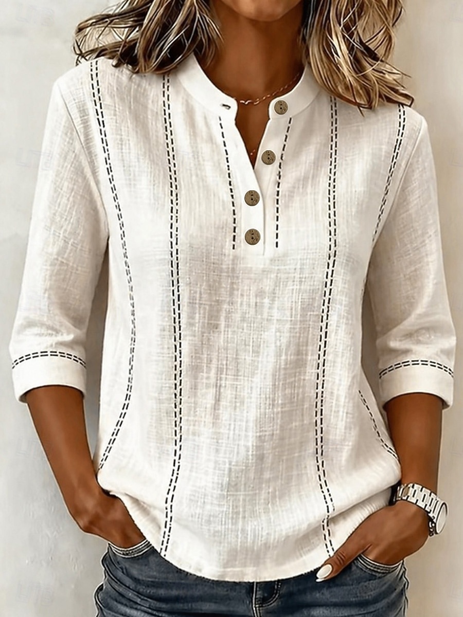 Mujer Camisa Camisas de algodón y lino Vacaciones Vintage Diario Escote Chino Tops largos Casual Diario Trabajo Azul Piscina Rosa Beige Verano Primavera 2026 - $28.99 –P4