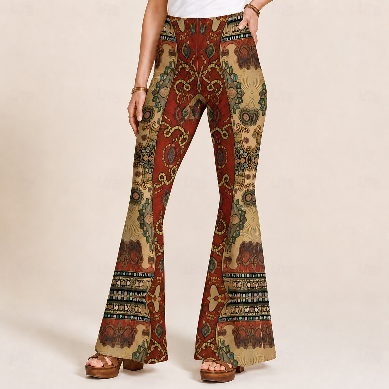 Retro Antiguo Hippie Años 70 Longitud Larga Tipo Canguelo Los pantalones de campana Hippie Disco Estampado Ajustado / Acampanado Disfraz Mujer Víspera de Todos los Santos Carnaval Festival de Música 2026 - $30.99 –P5