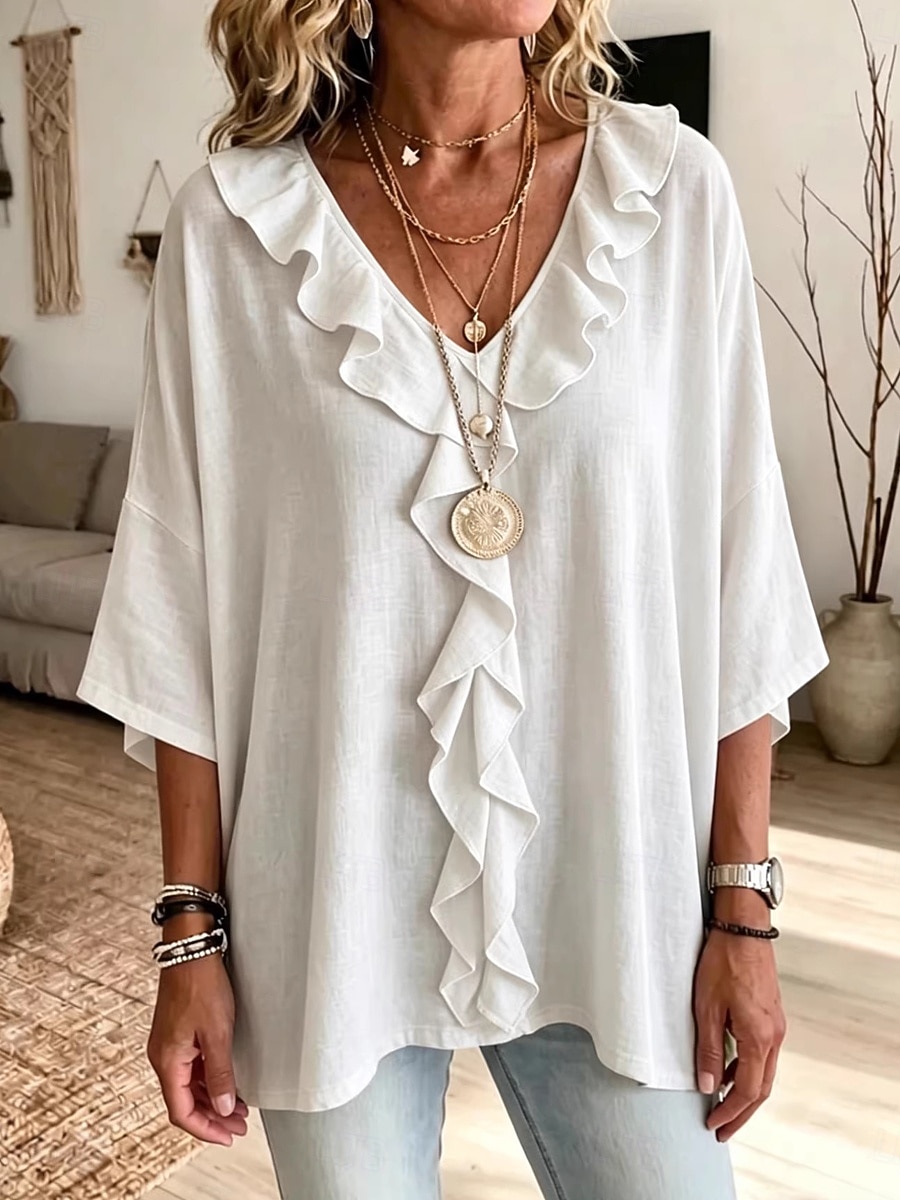 Per donna Blusa Volant Semplice Elegante Casual Manica 3/4 Scollo a V Top Regolari Casuale Quotidiano Blu Bianco Verde Estate Primavera del 2026 a $26.99 –P4