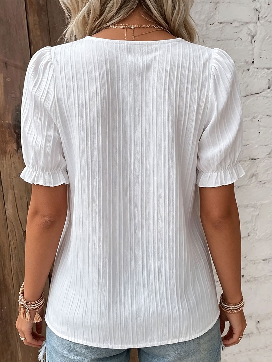 Damen T Shirt T-Shirt Spitze Patchwork Einfach Mode Stilvoll Klassisch Kurzarm V Ausschnitt Normale Oberteile Täglich Ausgehen Wochenende Schwarz Weiß Gelb Himmelblau Purpur Sommer Frühling 2026 - $19.99 –P6