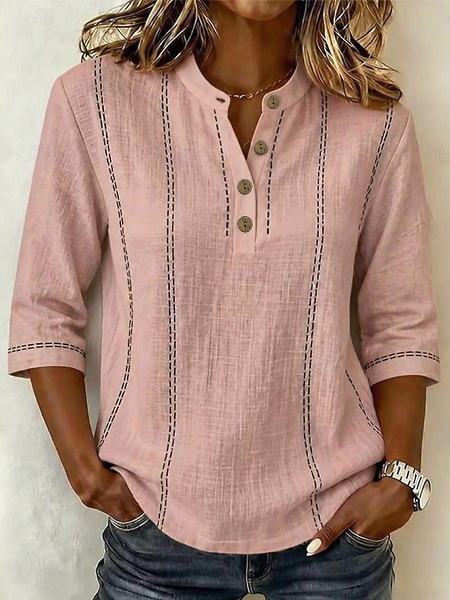 Mujer Camisa Camisas de algodón y lino Vacaciones Vintage Diario Escote Chino Tops largos Casual Diario Trabajo Azul Piscina Rosa Beige Verano Primavera 2026 - $28.99 –P7