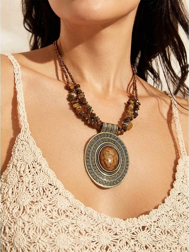 Dámský kulatý náhrdelník s přívěskem v boho stylu, slitina &Tyrkysový korálkový náhrdelník, modrohnědé šperky ve vintage stylu na dovolenou na pláži, festival, párty, cestování &denní nošení 2026 - $11.99 –P4
