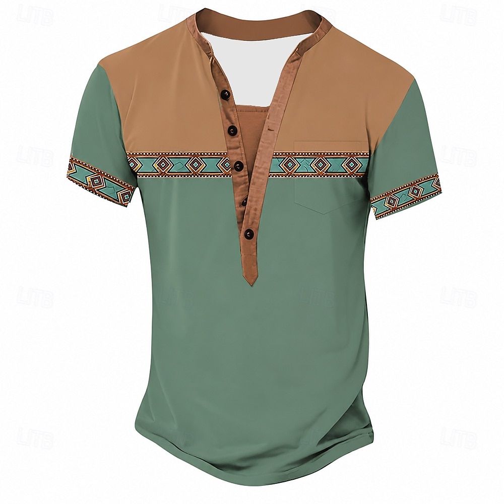 Herren-T-Shirt im Ethno-Stil, Henley-Shirt aus Polyester, Kurzarm, Designer-Basic, Ethno-Look, Outdoor-Casual, Alltag, Sommer, See, Blau, Schwarz, Hellgrün, Dunkelblau, Hellblau, Henley-T-Shirt 2026 - $21.99 –P7