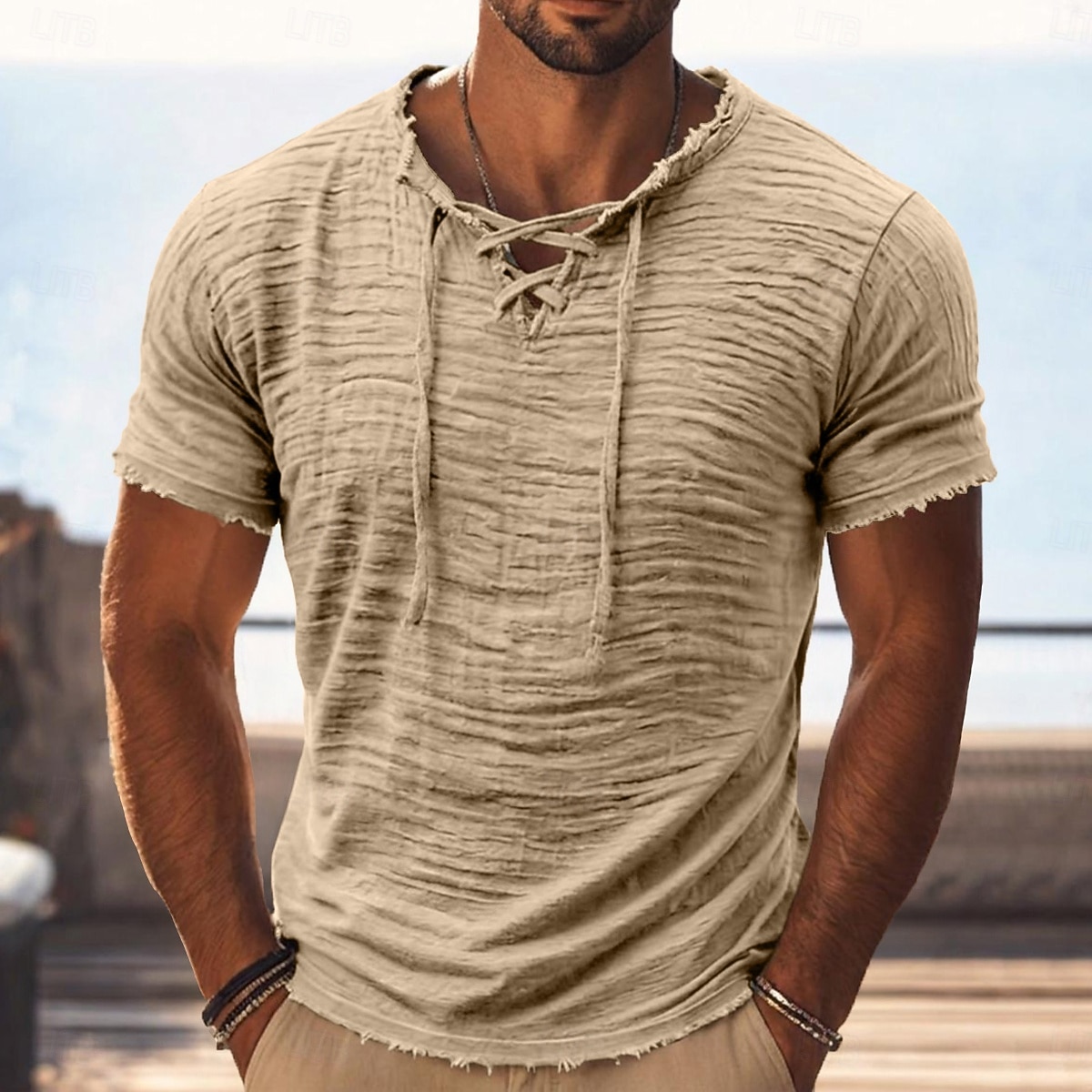 Per uomo Maglietta Maglietta di cotone Manica Corta Collo con lacci Estate Primavera Tutte le stagioni Tinta unica Semplice Testurizzato Vacanza Vintage Sport Senza bordo Casuale Casa All'aperto del 2026 a $30.99 –P10