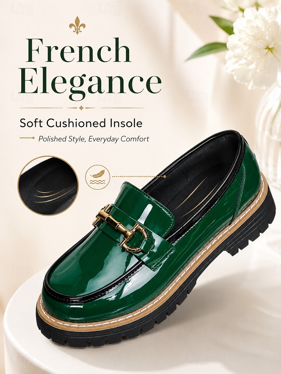 mörkgröna damloafers i lackkonstläder - eleganta horsebit slip-on-skor med låg sula för daglig kontorspendling, professionella arbetskläder 2026 - $29.99 –P4