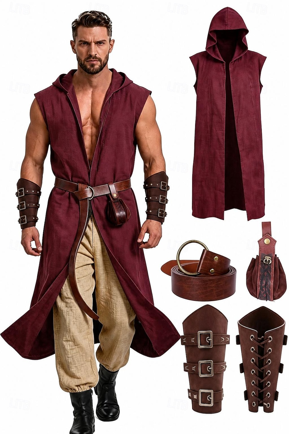 Zestaw Retro / vintage Średniowieczne Renesansowa Kamizelka Pasek taliowy Ochraniacze ramion z akcesoriami Bez rękawów Rycerz Ranger Strój na bal maskowy Męskie Fantasy Halloween Karnawał Targi 2026 - $46.99 –P7
