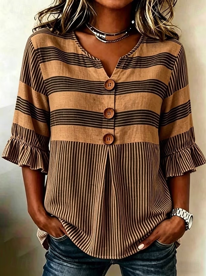 Women's Shirt Patchwork Buttons Print Graphic Striped Vintage Stylish 3/4 Length Sleeve V Neck Long Tops Casual Daily Holiday Purple Brown Grey Summer Spring 2026 - $26.99 –P5