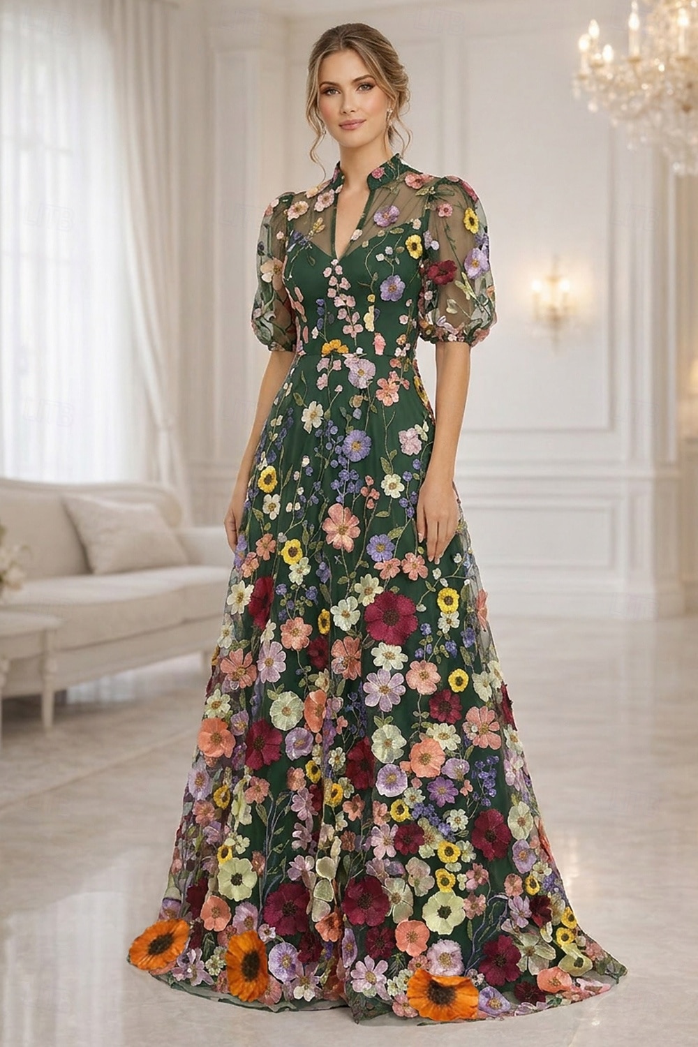Corte A Hasta el Suelo Vestido de Madrina Manga Corta Escote en Pico Elegante Vintage Lujoso Formal Invitado a la boda Fiesta de Boda Encaje Tul con Flores 3D Bordados Flor 2026 - $194.99 –P11