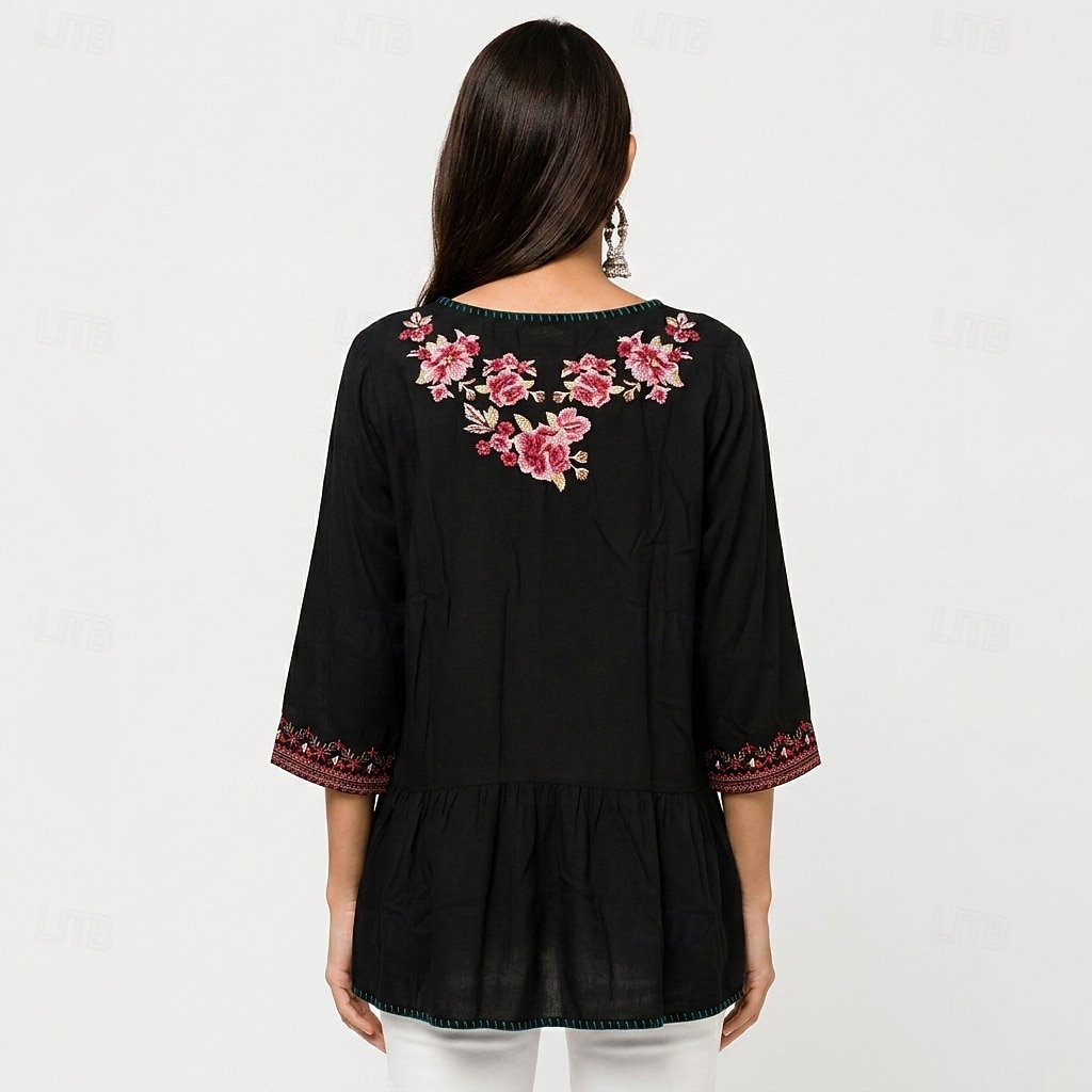 Women's Embroidered Tunic Shirts 100% Cotton Boho Shirt Floral Elegant Bohemia Vacation 3/4 Length Sleeve Crew Neck Long Tops Casual Black Summer Spring Fall Winter 2026 - $65.99 –P4