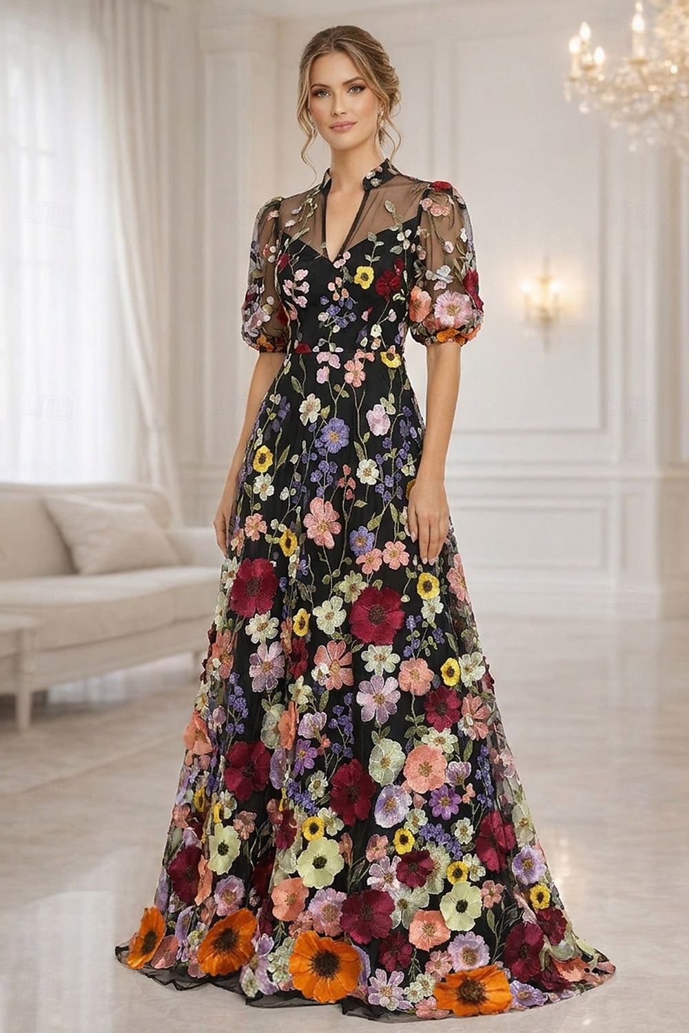 Corte A Hasta el Suelo Vestido de Madrina Manga Corta Escote en Pico Elegante Vintage Lujoso Formal Invitado a la boda Fiesta de Boda Encaje Tul con Flores 3D Bordados Flor 2026 - $194.99 –P7