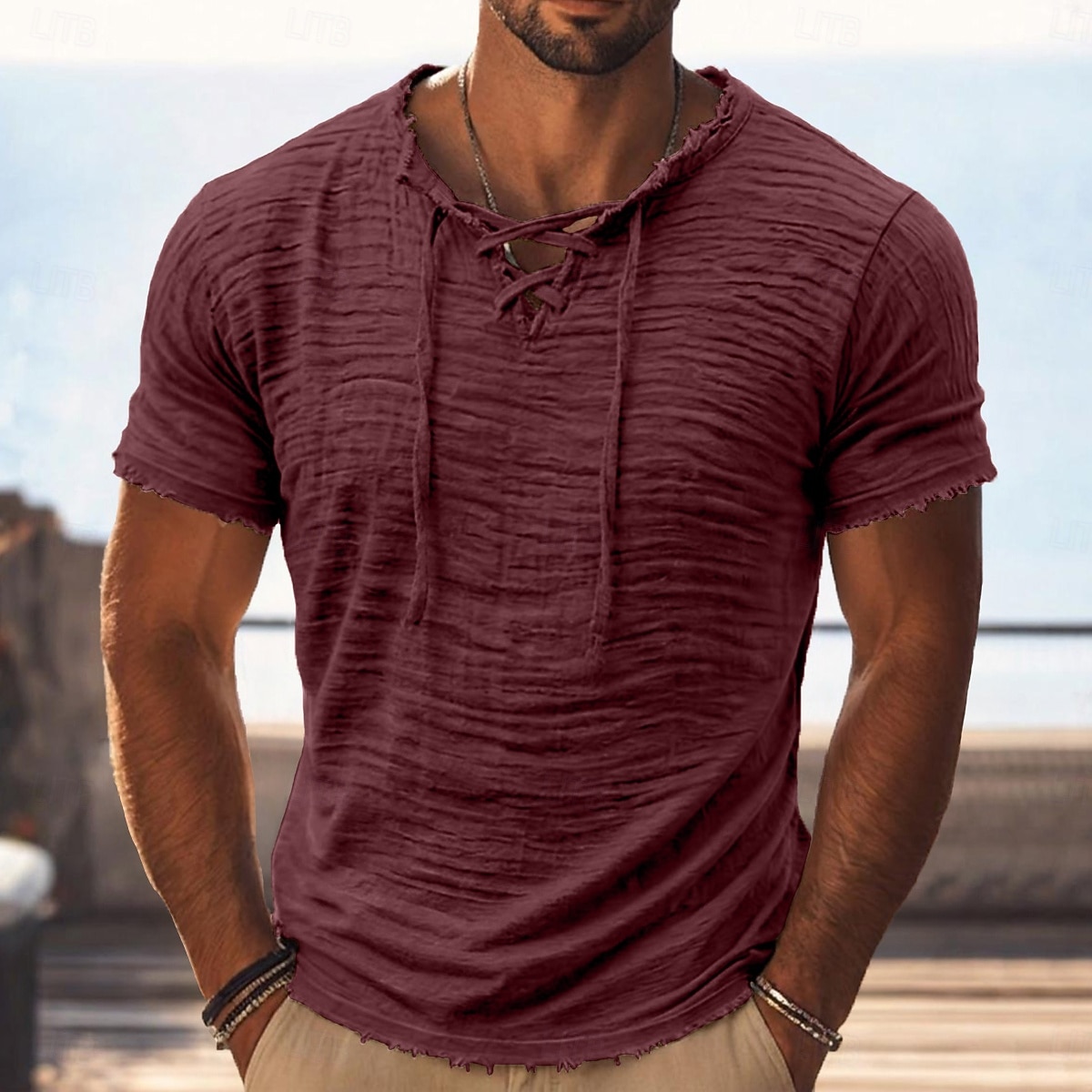Per uomo Maglietta Maglietta di cotone Manica Corta Collo con lacci Estate Primavera Tutte le stagioni Tinta unica Semplice Testurizzato Vacanza Vintage Sport Senza bordo Casuale Casa All'aperto del 2026 a $30.99 –P12